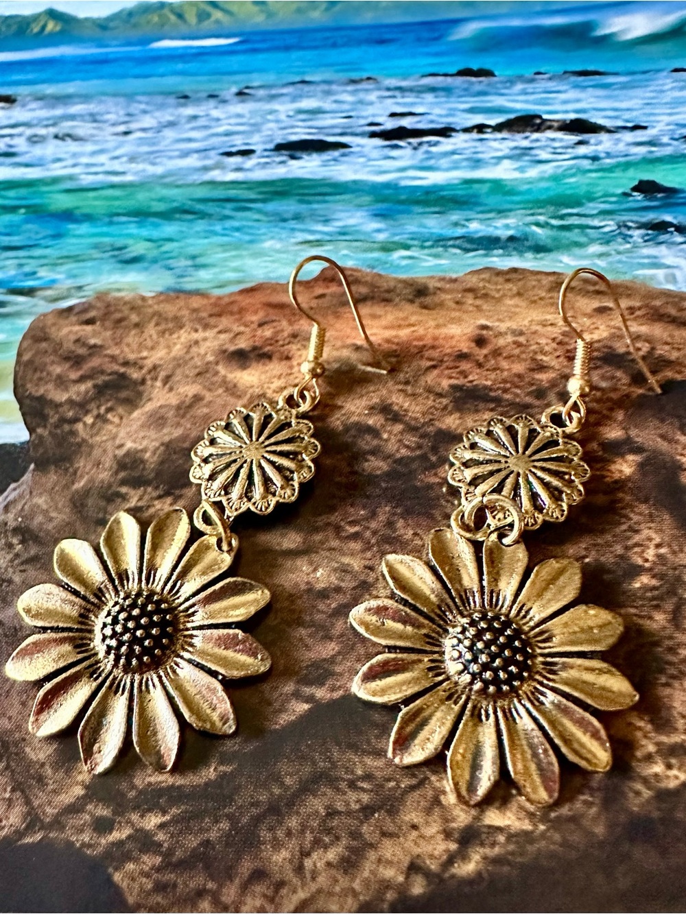 Gold Floral Daisy Drop Earrings for Women